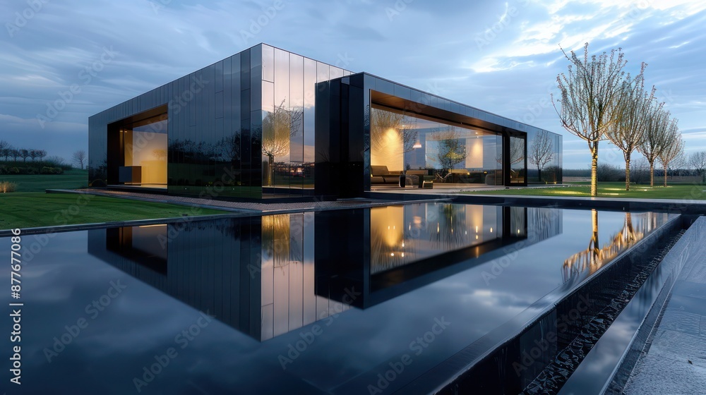 Suburban contemporary home with a sleek, mirror-finish facade that reflects the surrounding landscape Suburban contemporary home with a sleek, mirror-finish facade that reflects the surrounding landscape