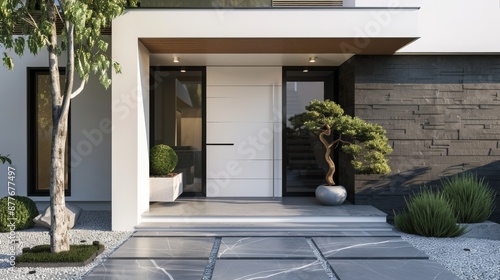 Modern entrance, white simple door for a luxury house