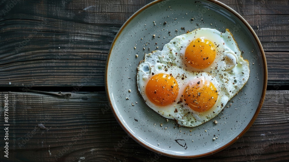 Fried eggs on plate on dark wooden dining table from above