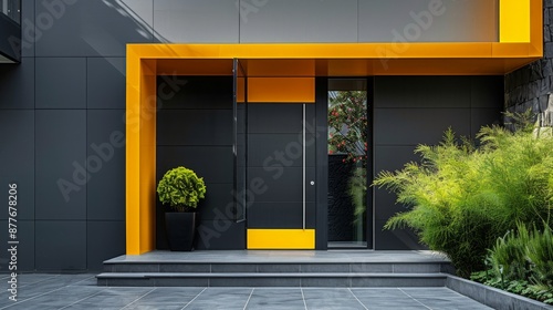 Modern entrance, black and yellow simple door for a luxury house 