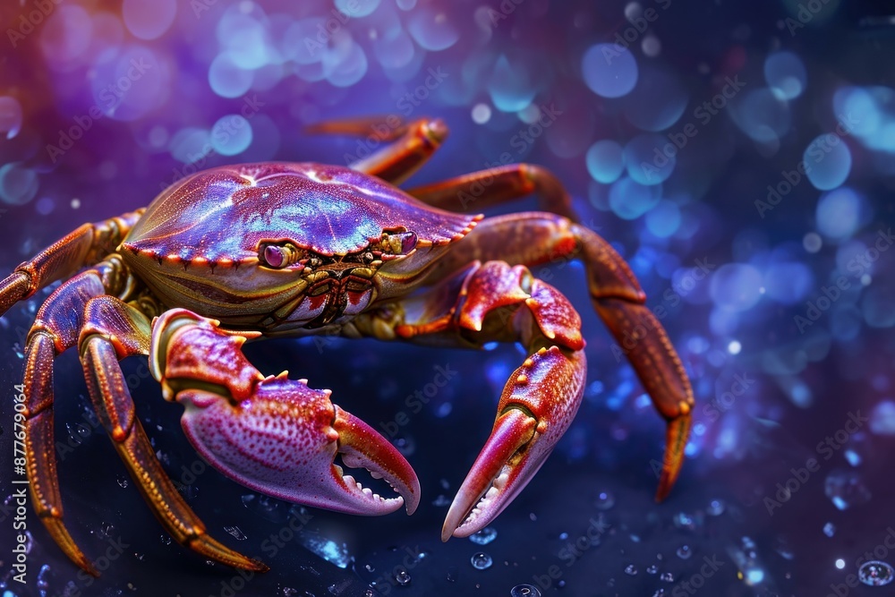 Vibrant, colorful crab with a captivating iridescent sheen, set against a dark, bokeh backdrop Vibrant, colorful crab with a captivating iridescent sheen, set against a dark, bokeh backdrop
