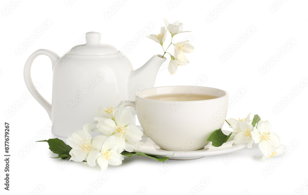 Fototapeta premium Aromatic herbal tea with jasmine flowers isolated on white
