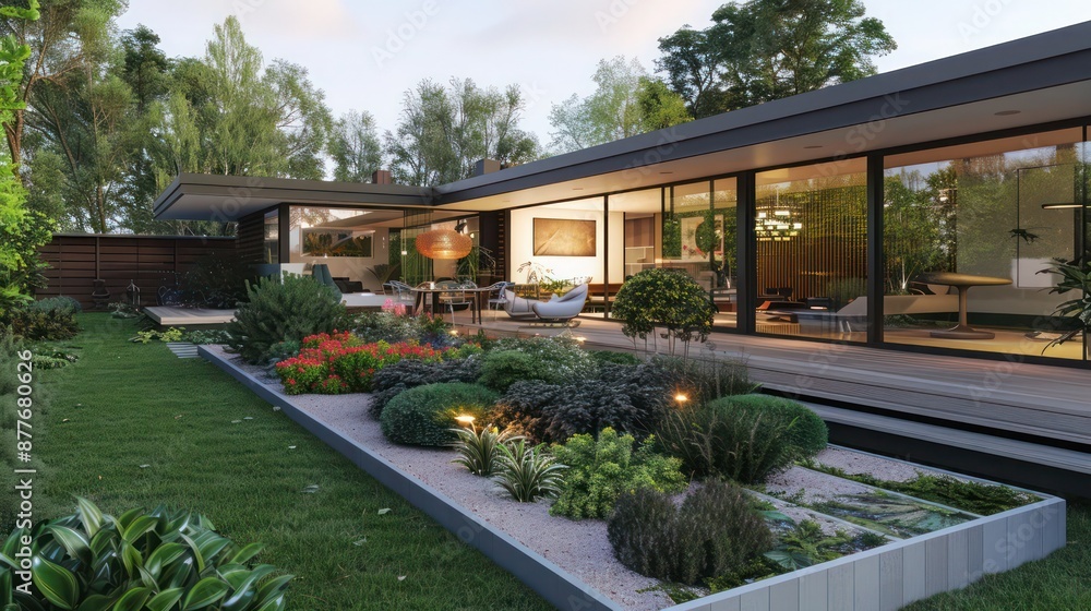 Obraz premium Suburban mid-century modern home with a multi-tiered backyard garden and sleek deck