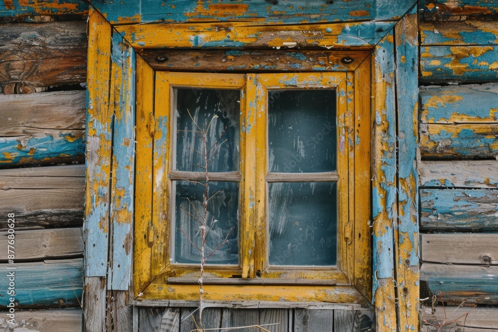A worn-out wooden window with peeling paint, suitable for use in historical or vintage-themed contexts A worn-out wooden window with peeling paint, suitable for use in historical or vintage-themed contexts