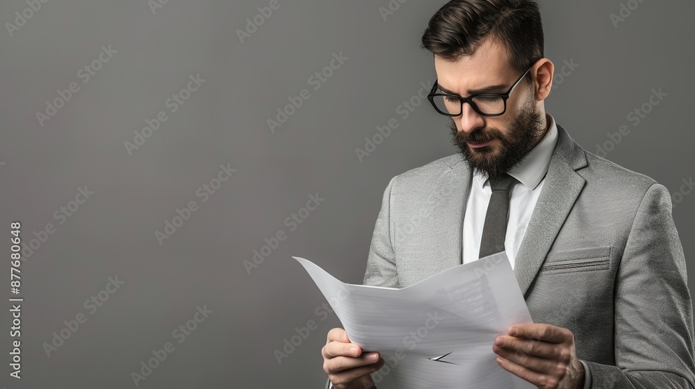 Focused Corporate Leader Reviewing Documents with Copy Space on Grey Background Focused Corporate Leader Reviewing Documents with Copy Space on Grey Background