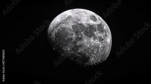 Lunar Serenity: A mesmerizing grayscale close-up of the moon, showcasing its craters and textured surface against the inky black backdrop of space. Captivating celestial details.  photo