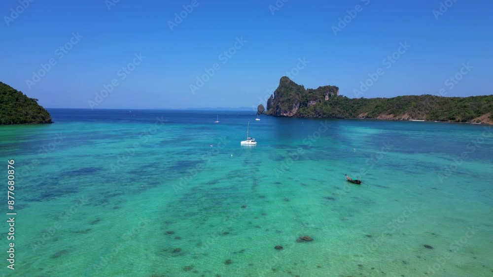 Catamaran sailing turquoise water Phi island. Stunning aerial view flight drone Catamaran sailing turquoise water Phi island. Stunning aerial view flight drone