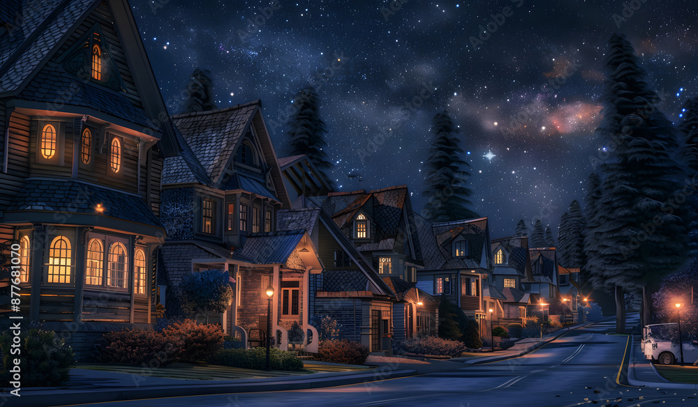 Fototapeta premium A row of classic family house facades at night. Suburban neighborhood. Residential building with illuminated windows design