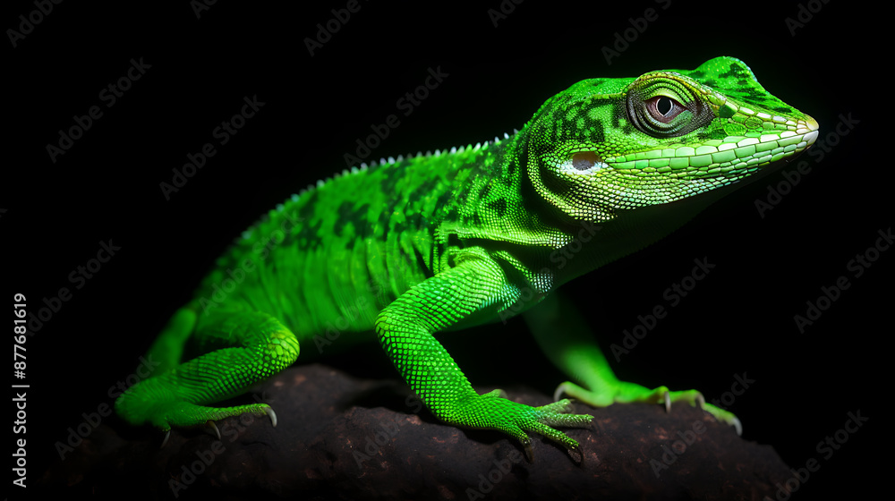 Obraz premium A vibrant green lizard with black background, showcasing nature's beauty and the fascinating world of reptiles. 