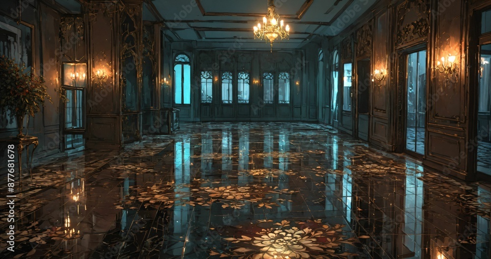 palace interior of room floral embellishments ballroom and windows at night. elegant mansion gothic baroque castle decor and victorian style. candles and chandelier lighting. palace interior of room floral embellishments ballroom and windows at night. elegant mansion gothic baroque castle decor and victorian style. candles and chandelier lighting.