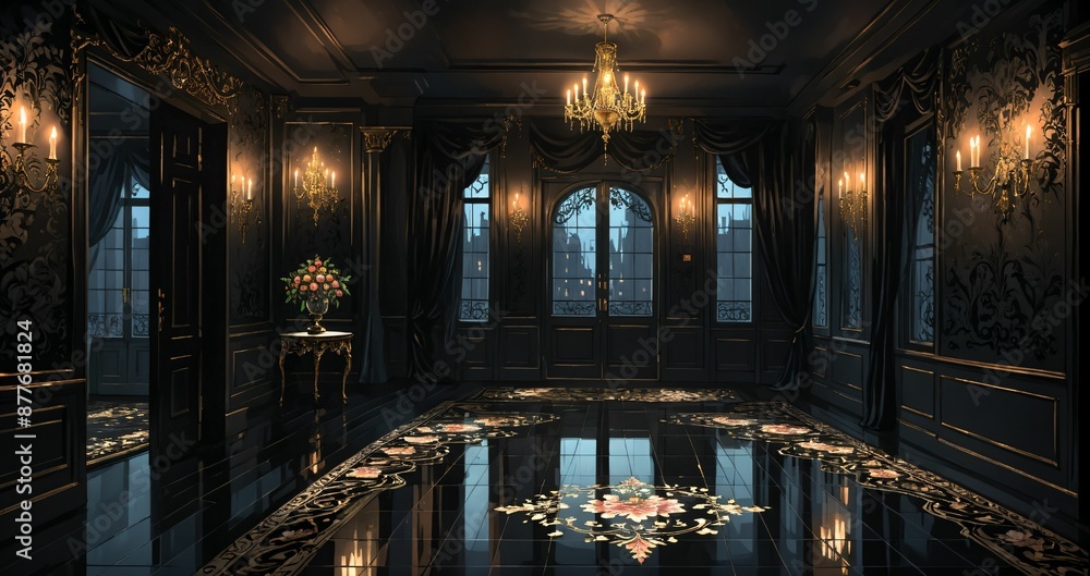 Obraz premium dark black ballroom room interior of gothic palace castle mansion with floral embellishments and filigree ornamental decor at night. hallway with door to balcony city view and candles chandelier.