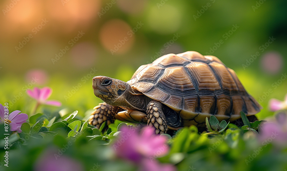 Adorable Little Turtle Crawling through the Garden Grass Adorable Little Turtle Crawling through the Garden Grass