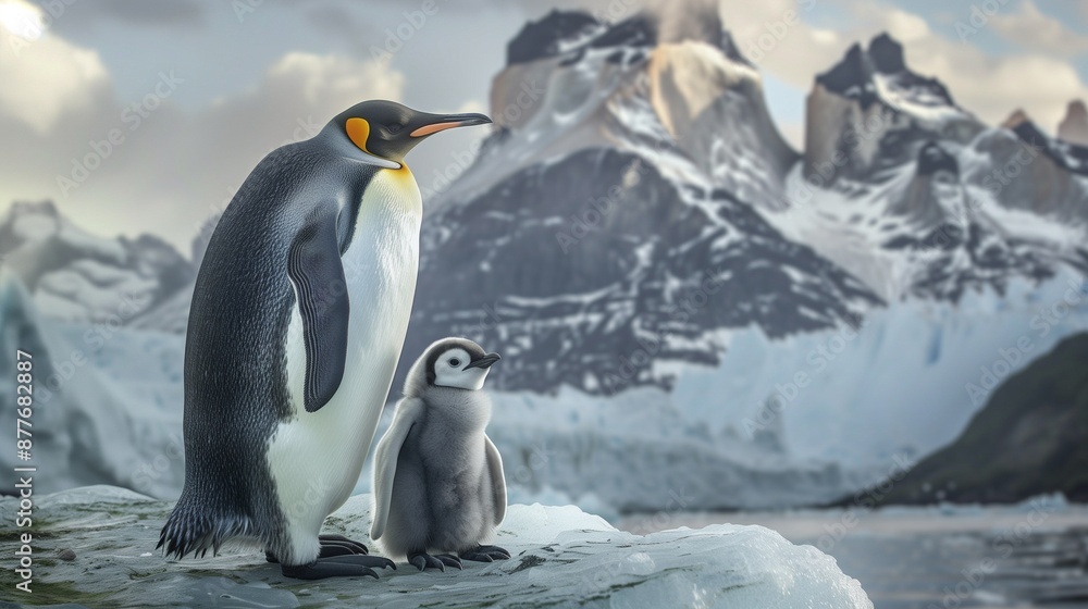 Obraz premium A Fiordland penguin chick nestled in its parent's feathers, both standing on an icy ridge with towering mountains in the background.
