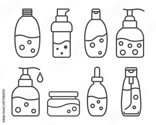 Collection vector icons of beauty, cosmetics and care. Bottle, jar, shower gel, face cream, body lotion, spray, ointment, paste.