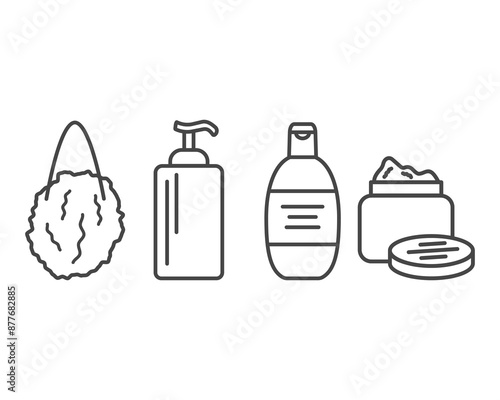 Collection vector icons of beauty, cosmetics and care. Bottle, jar, shower gel, face cream, body lotion, spray, ointment, paste.