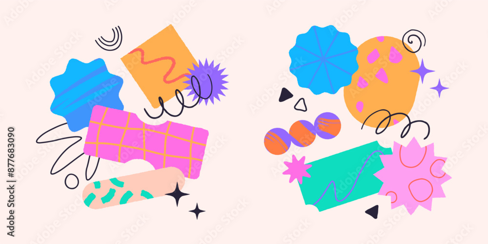 Vector set of artistic patches,doodles and stickers with copy space for text.Modern design elements with abstract textures for banners,social media marketing,branding,packaging, covers, prints Vector set of artistic patches,doodles and stickers with copy space for text.Modern design elements with abstract textures for banners,social media marketing,branding,packaging, covers, prints