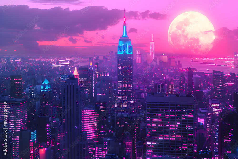 Fototapeta premium Neon-lit skyscrapers, pink and blue hues, futuristic city skyline, evoking a dreamlike, urban, and nostalgic mood. 
