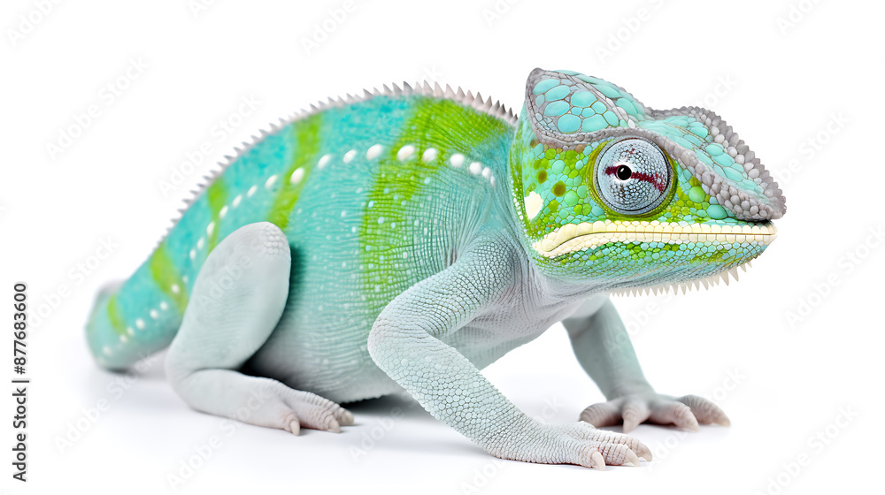 Obraz premium A vibrant blue, green, and white chameleon, isolated on white, showcasing its unique beauty and captivating charm. 