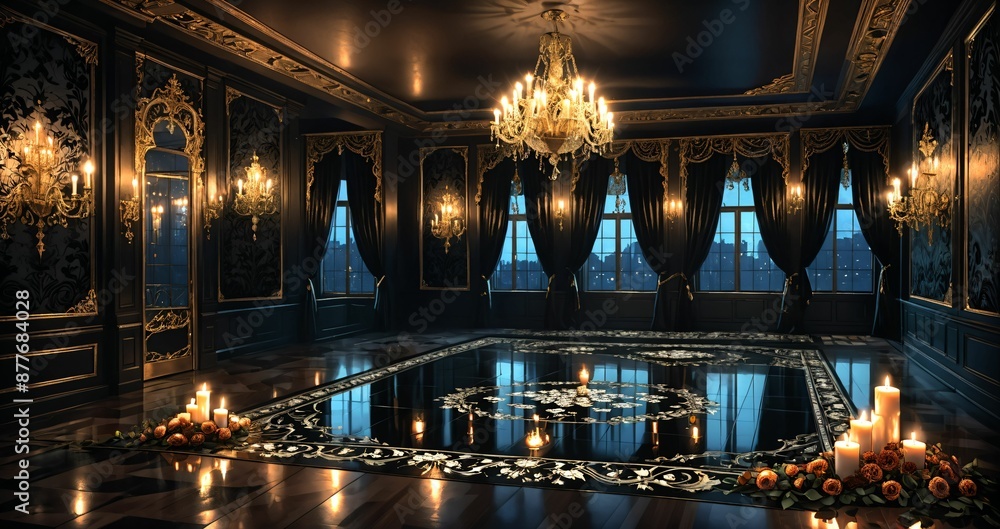 Obraz premium dark ballroom in palace mansion castle interior at night. smooth stone floor and lavish gothic decor and style. floral embellishments candle light with candles window view.