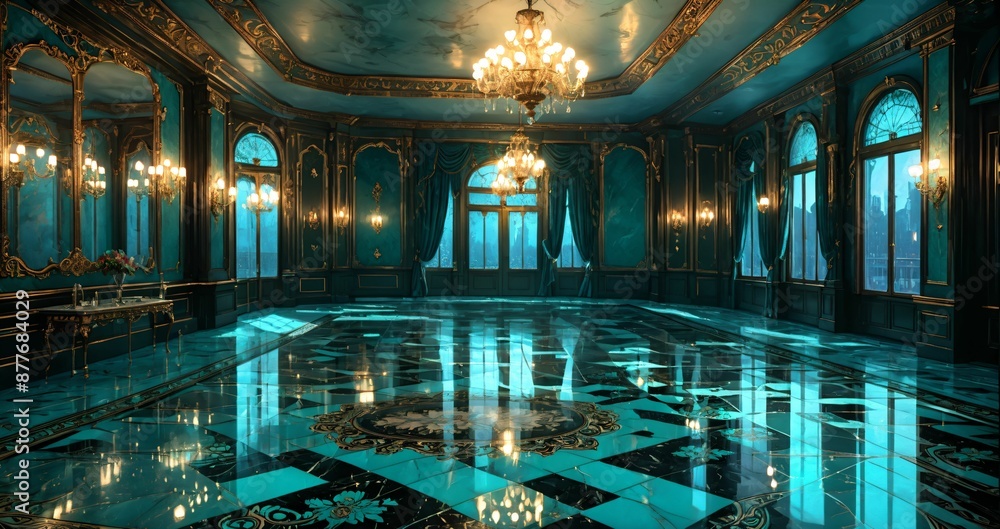 Obraz premium interior of palace room hall mansion mosque museum castle. turquoise blue green and gold gothic baroque design and decor with floral embellishments and ornaments. luxury house.