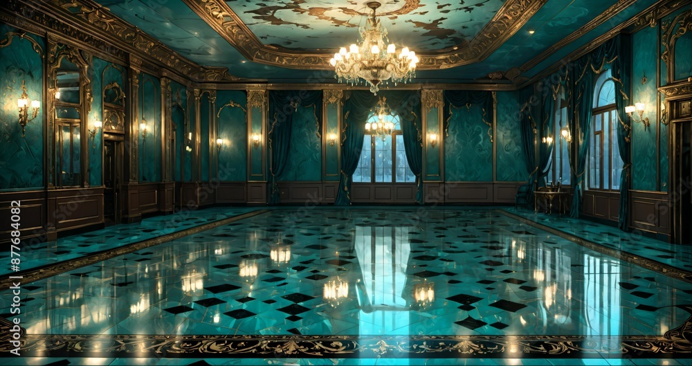 Obraz premium interior of palace room hall mansion mosque museum castle. turquoise blue green and gold gothic baroque design and decor with floral embellishments and ornaments. luxury house.