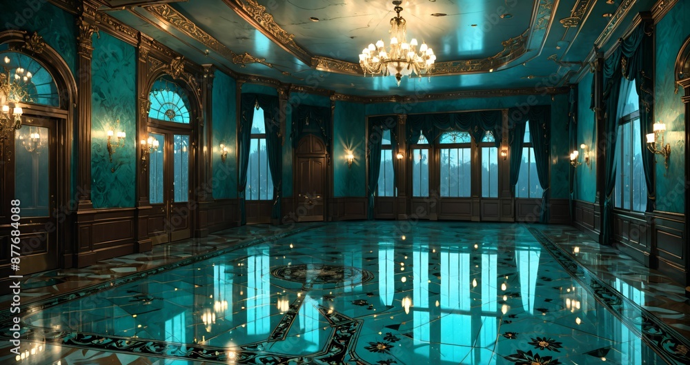Obraz premium interior of palace room hall mansion mosque museum castle. turquoise blue green and gold gothic baroque design and decor with floral embellishments and ornaments. luxury house.