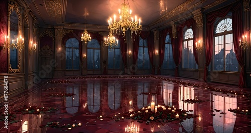 red room ballroom palace mansion interior of castle with candles, flowers, and windows. reflective stone polished floors and floral embellishments with gothic style decor.  photo