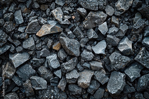 A pile of black rocks with a dark and moody atmosphere. The rocks are scattered and piled up, creating a sense of chaos and disorder. The image evokes a feeling of unease and discomfort