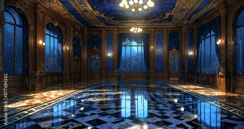 castle palace ballroom room interior in cobalt blue and gold. royal design and decor with embellishments and gothic style. luxurious mansion.