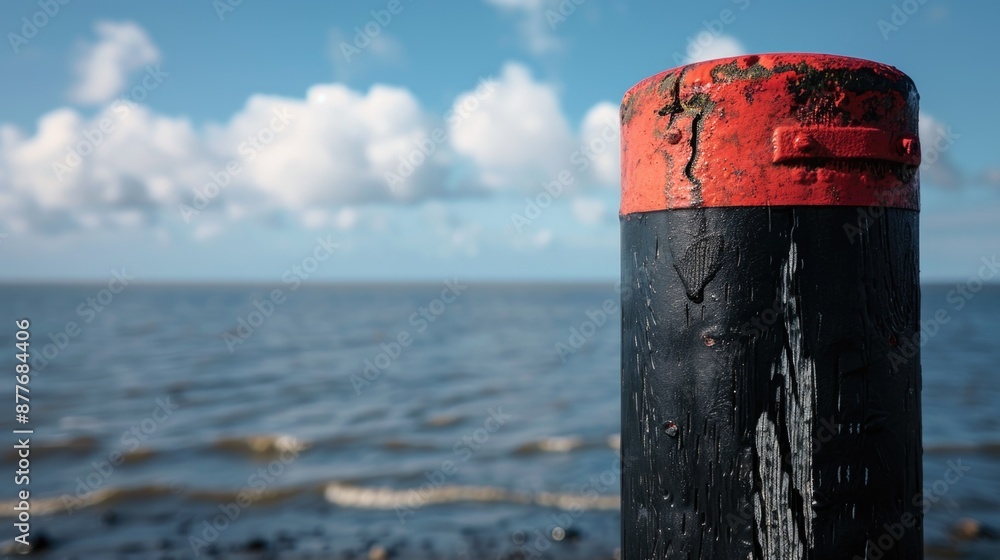 A bright red and black postbox situated near the ocean, perfect for using as a symbol of communication or a pop of color in coastal-themed designs A bright red and black postbox situated near the ocean, perfect for using as a symbol of communication or a pop of color in coastal-themed designs