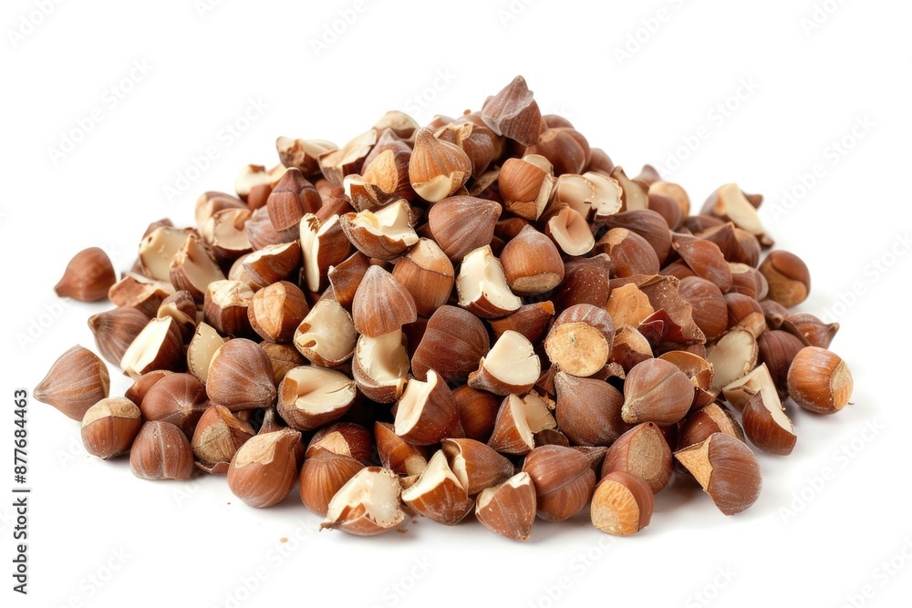 A pile of nuts on a white background, ideal for use in food or still life photography A pile of nuts on a white background, ideal for use in food or still life photography