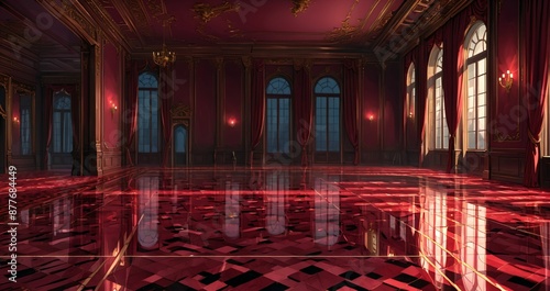 Wallpaper Mural blood red ballroom in palace mansion interior. burning candles in gothic styled castle room hall. fine elegant decor. Torontodigital.ca