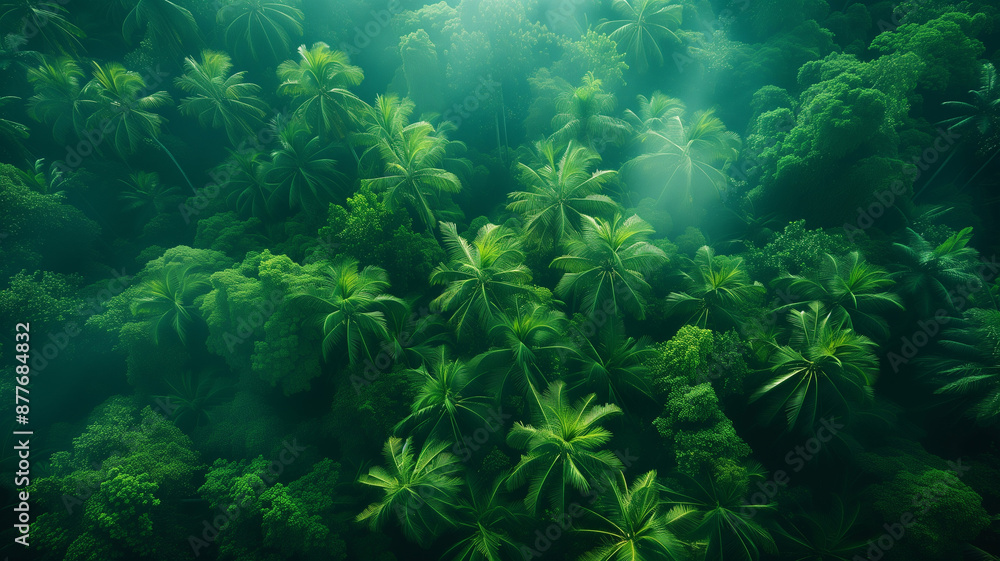 Fototapeta premium Aerial view of lush jungle vegetation and palm trees in morning
