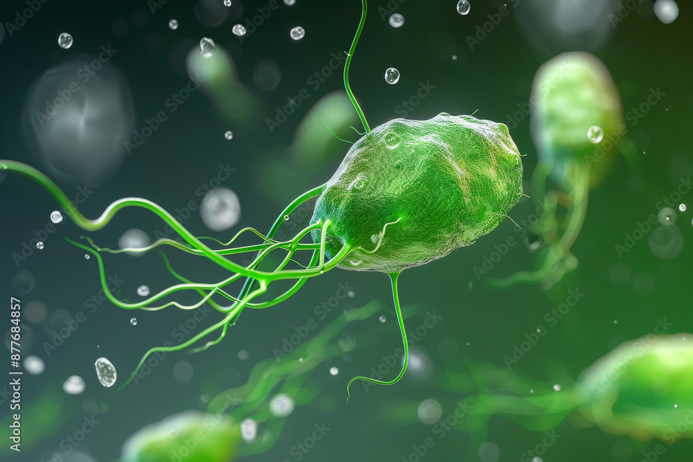 Green bacteria cell on a dark green background. 3D rendering of a microscopic organism. Green bacteria cell on a dark green background. 3D rendering of a microscopic organism.