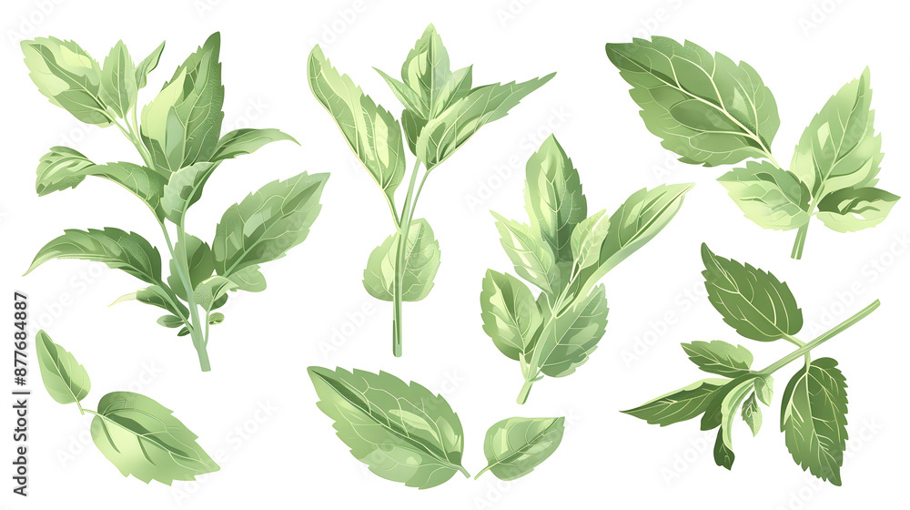 Set of stevia leaves, known for their natural sweetness and use as a sugar substitute in foods and beverages, design Set of stevia leaves, known for their natural sweetness and use as a sugar substitute in foods and beverages, design