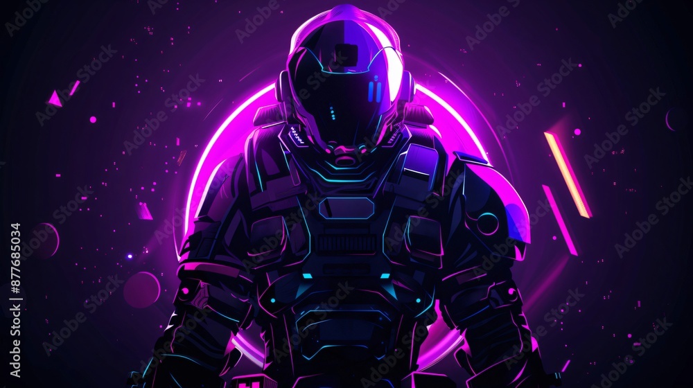 Astronaut wearing space suit standing in front of neon circle Astronaut wearing space suit standing in front of neon circle