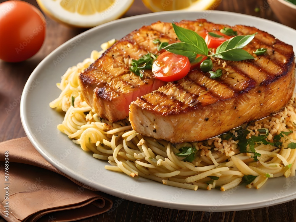Grilled salmon with pasta and tomato on plate, close-up Grilled salmon with pasta and tomato on plate, close-up