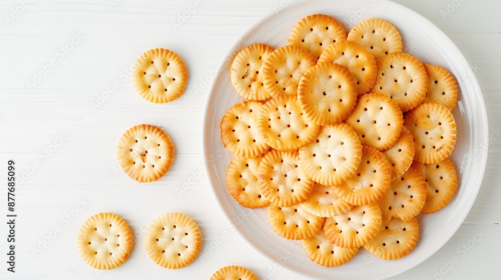 Circularly arranged yellow crackers on white plate with room for text Circularly arranged yellow crackers on white plate with room for text