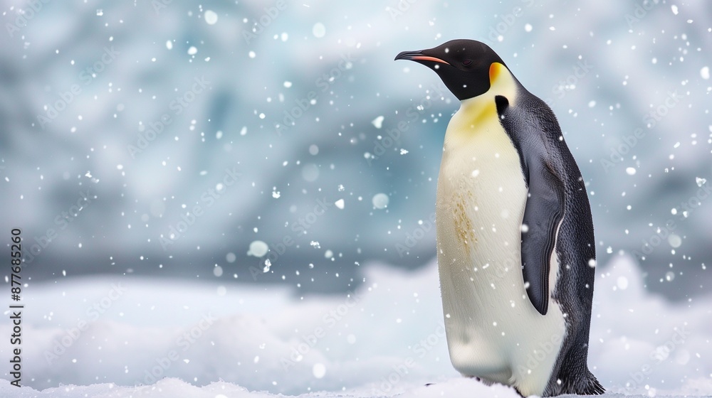 Obraz premium A lone Emperor penguin standing tall on an ice floe, with delicate snowflakes gently falling around it, creating a serene and peaceful atmosphere.
