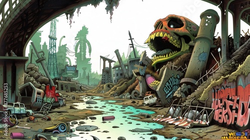 Post apocalyptic cityscape crumbling under a bridge with graffiti