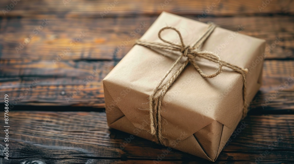 Wrapped gift box on rustic wooden table Wrapped gift box on rustic wooden table