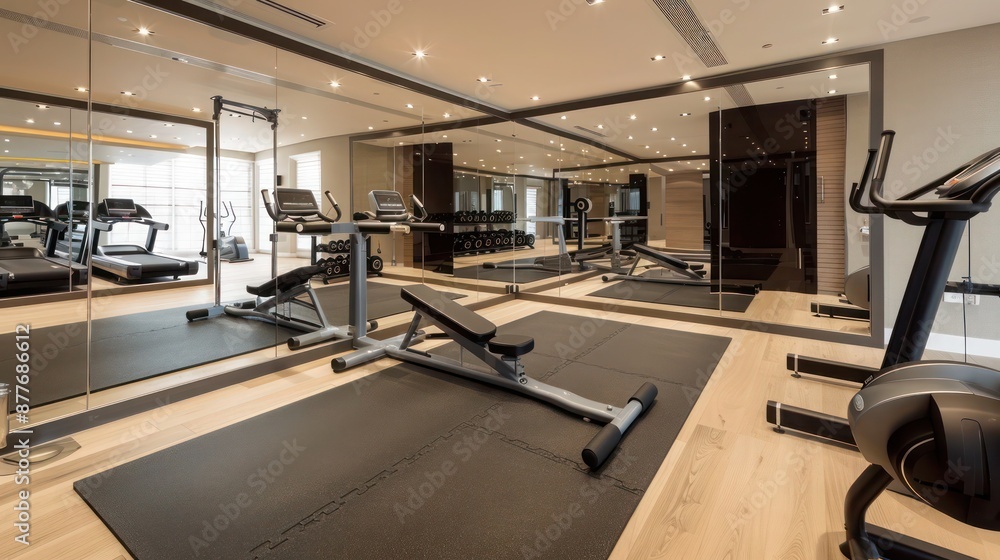 Contemporary suburban home gym with floor-to-ceiling mirrors, rubber flooring, and integrated sound system Contemporary suburban home gym with floor-to-ceiling mirrors, rubber flooring, and integrated sound system