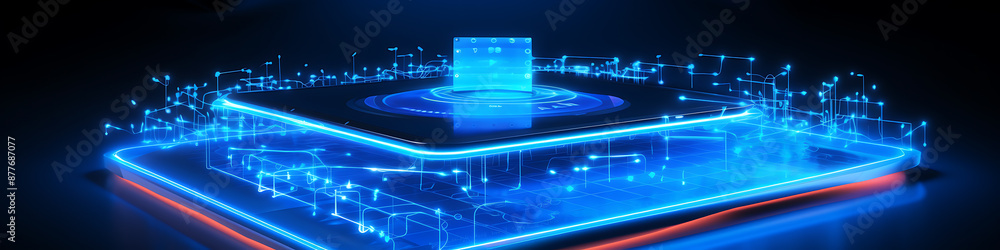 Naklejka premium Abstract futuristic glowing blue and red digital technology concept, ideal for presentations, websites, and social media.