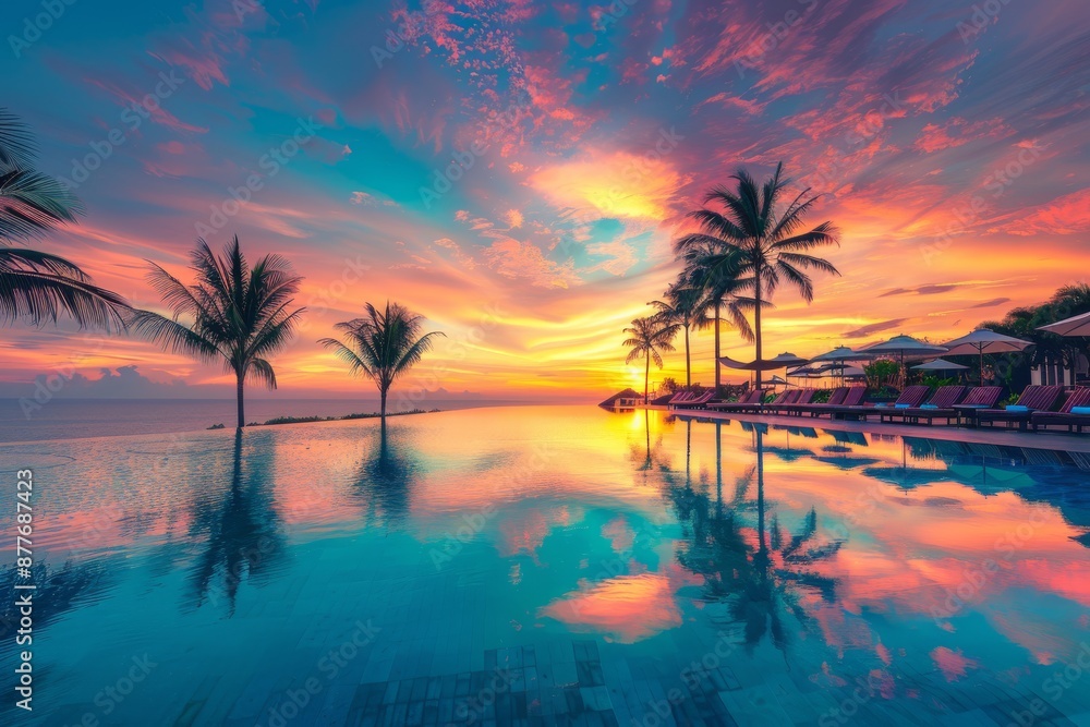 A stunning view of a luxurious beach resort pool at sunset, surrounded by palm trees and vibrant sky reflections on the water A stunning view of a luxurious beach resort pool at sunset, surrounded by palm trees and vibrant sky reflections on the water