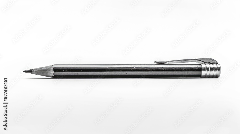 A metal pen placed on a clean white surface A metal pen placed on a clean white surface