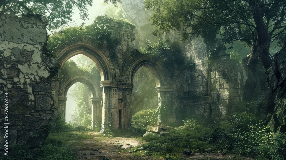 Fototapeta premium Ancient stone ruins of a forgotten civilization overtaken by the lush forest