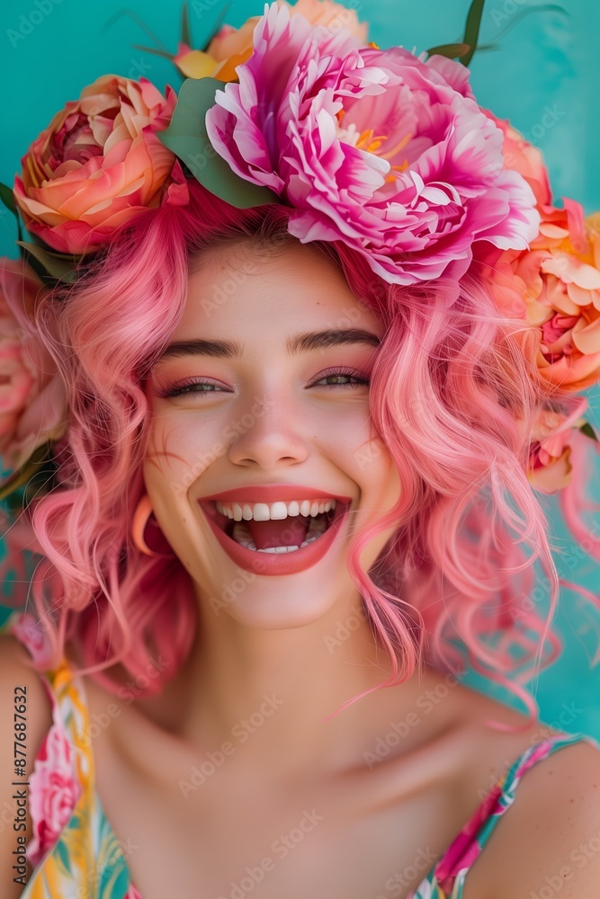 Naklejka premium A summer fashion portrait of a happy laughing woman with pink hair surrounded by fresh colorful flowers on blue background.