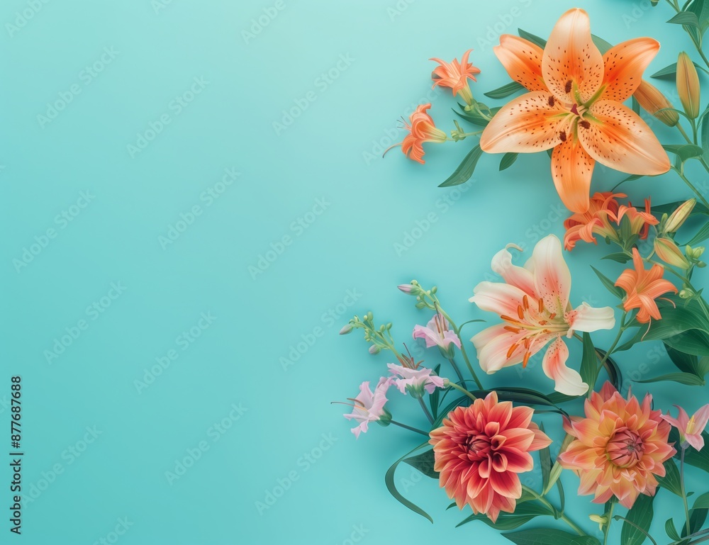 Flower background made of fresh bright orange and pink lilies, dahlia flowers and foliage on light blue background. Minimal summer flowers concept. Flower background made of fresh bright orange and pink lilies, dahlia flowers and foliage on light blue background. Minimal summer flowers concept.