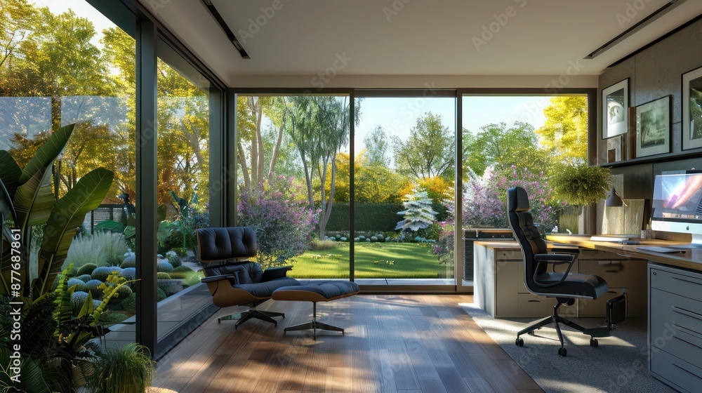 Contemporary suburban home office with a panoramic view of the garden, ergonomic furniture, and high-speed internet connections Contemporary suburban home office with a panoramic view of the garden, ergonomic furniture, and high-speed internet connections