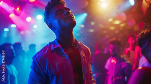 Attractive young man at a vibrant lgbtq nightclub dancing intimately with a partner